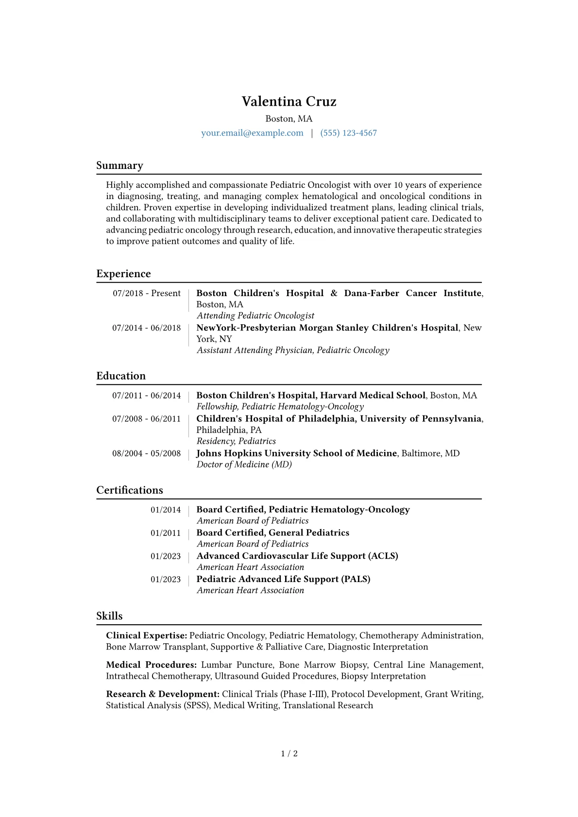 Pediatric Oncologist Resume Example CV template - Page 1
