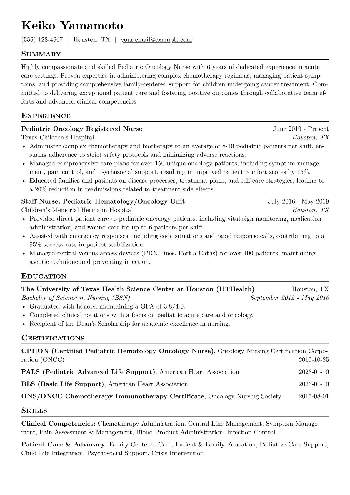 Pediatric Oncology Nurse Resume Example CV template - Page 1