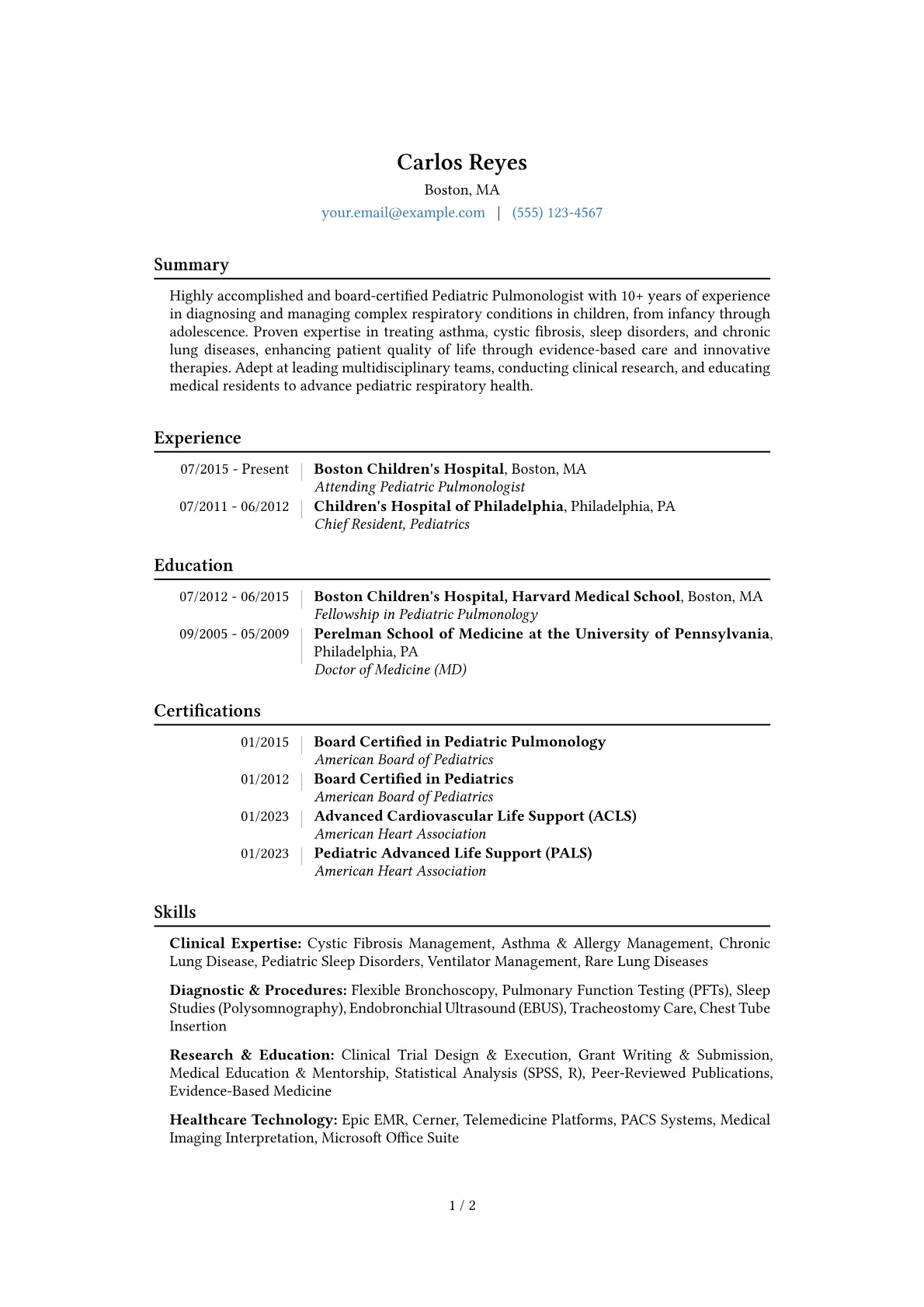 Pediatric Pulmonologist Resume Example CV template - Page 1
