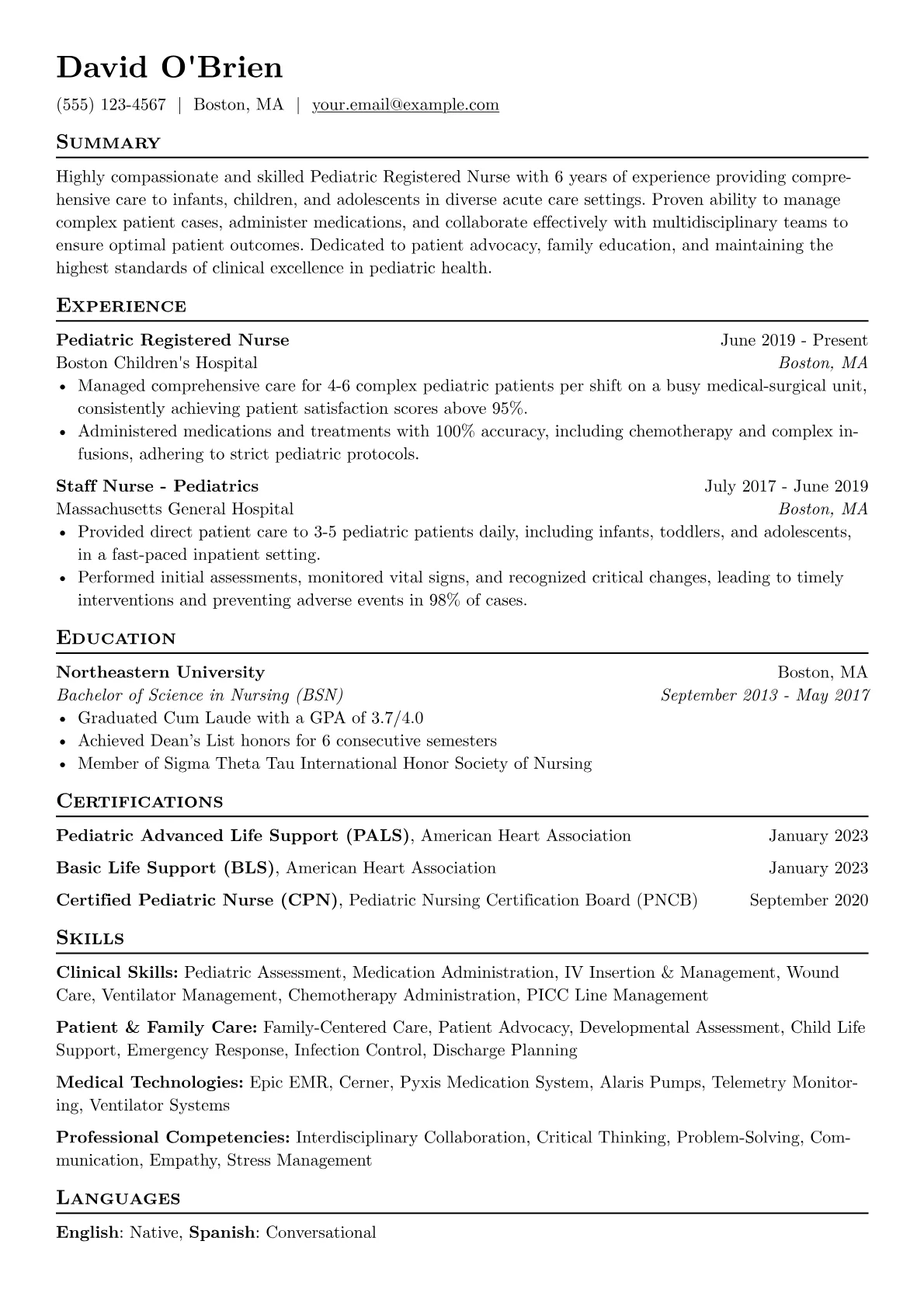 Pediatric Registered Nurse Resume Example CV template - Page 1