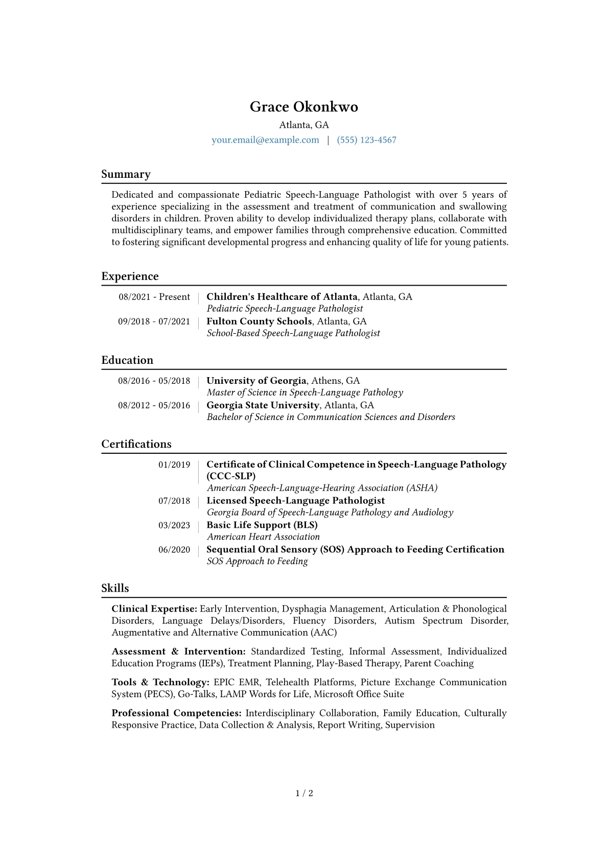 Pediatric Speech Therapist Resume Example CV template - Page 1