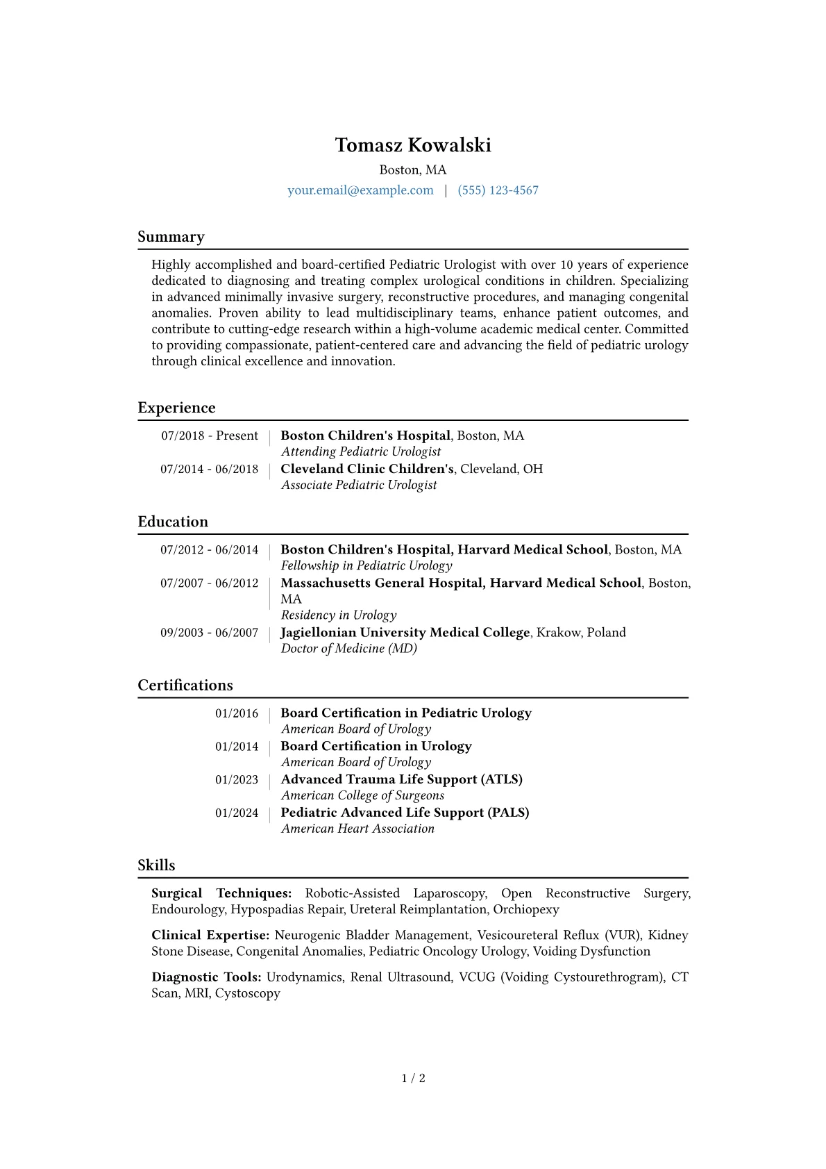 Pediatric Urologist Resume Example CV template - Page 1