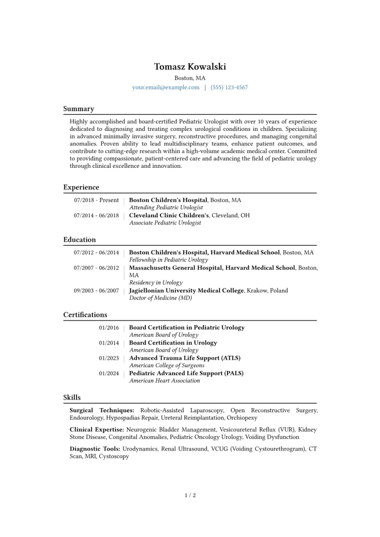 Pediatric Urologist Resume Example CV template preview