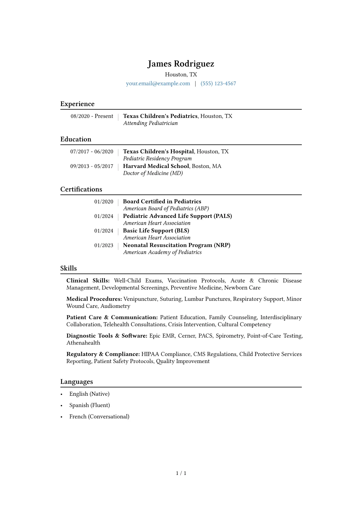 Pediatrician Resume Example CV template - Page 1