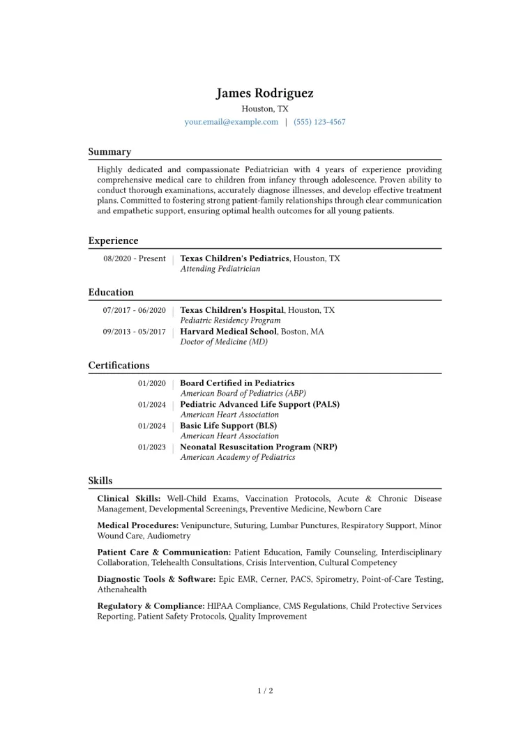 Pediatrician Resume Example