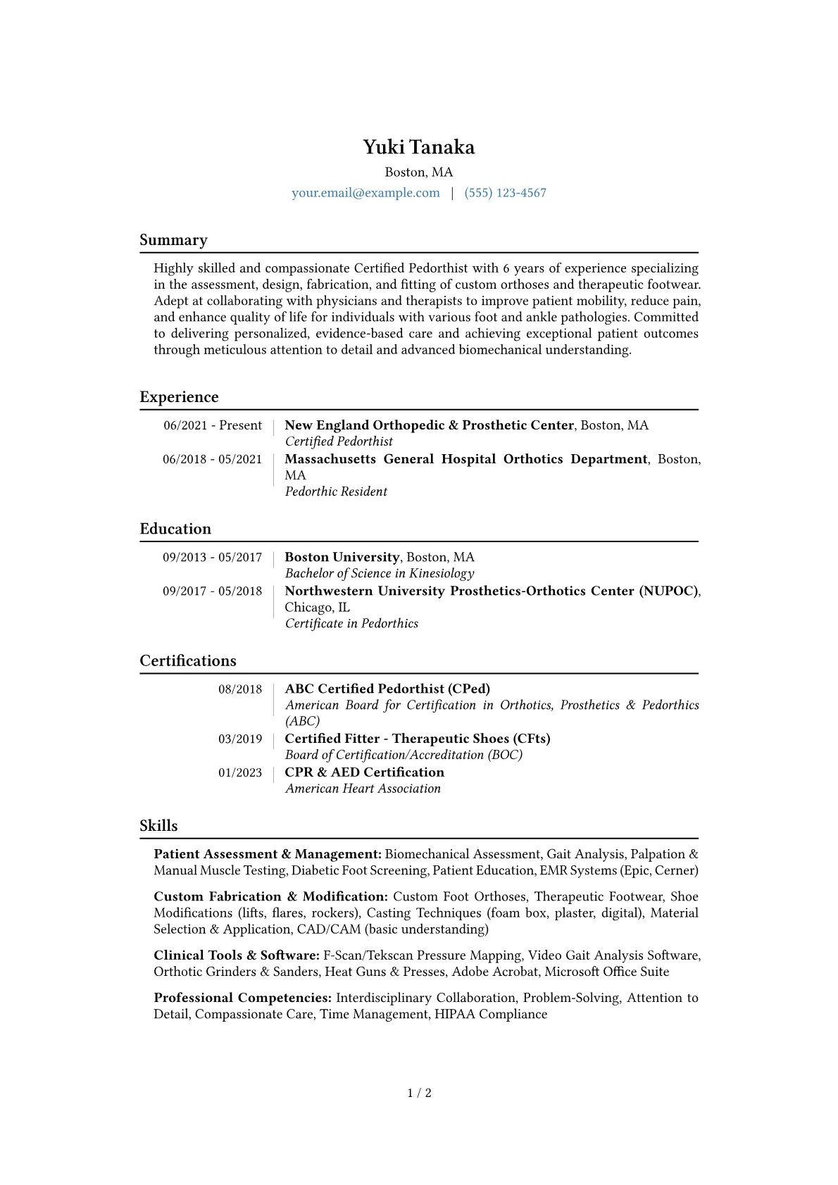 Pedorthist Resume Example CV template - Page 1