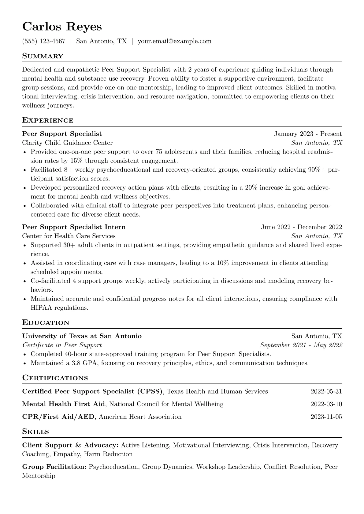 Peer Support Specialist Resume Example CV template - Page 1