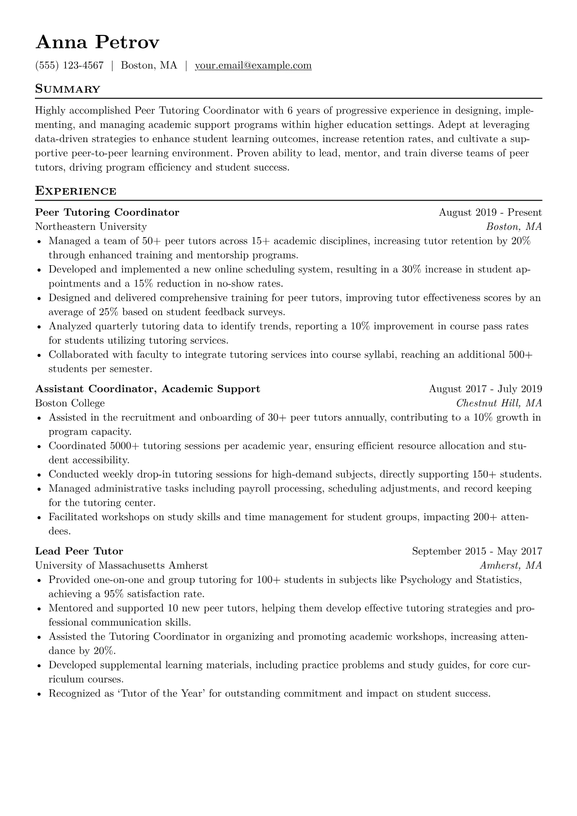 Peer Tutoring Coordinator Resume Example CV template - Page 1