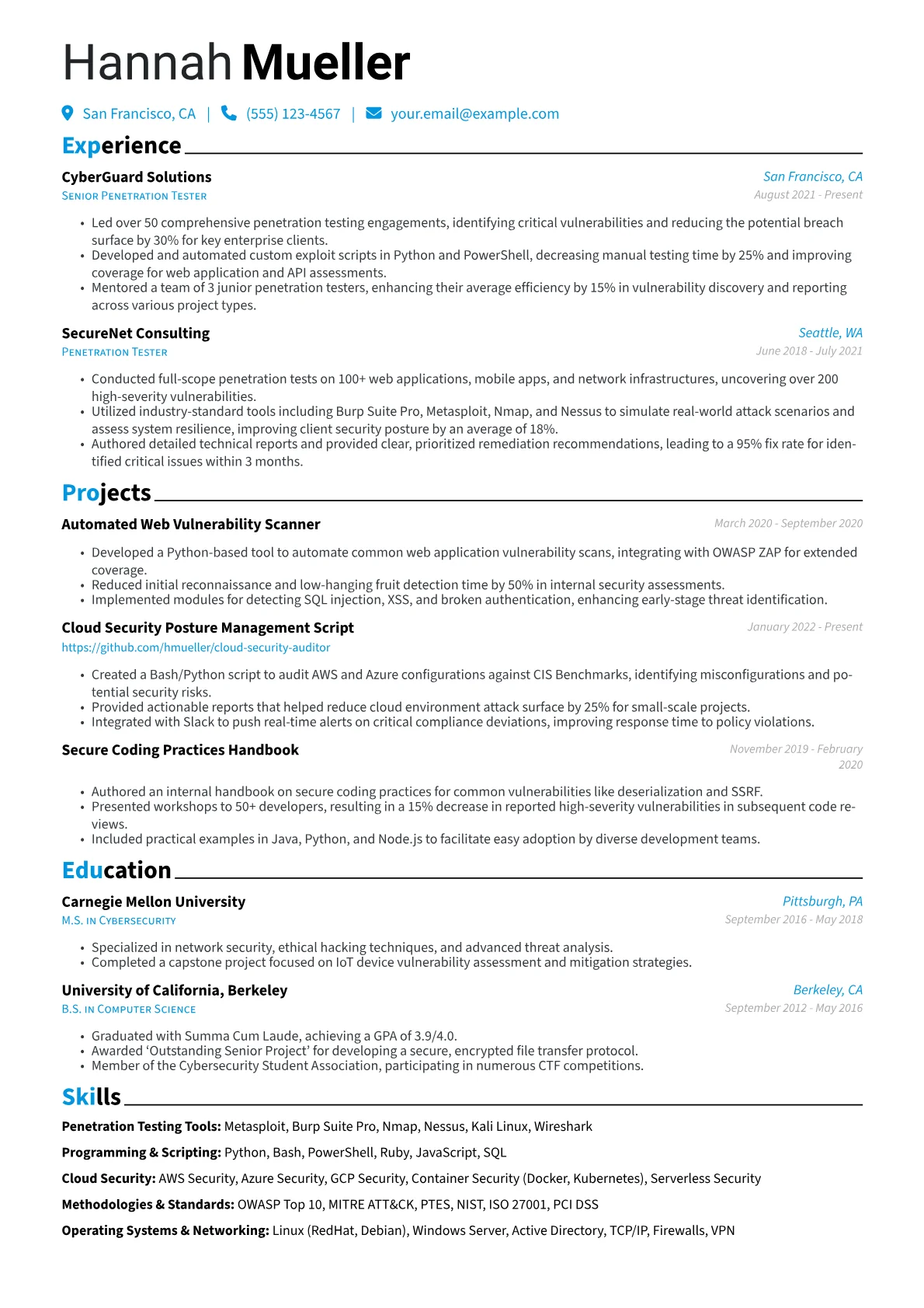 Penetration Tester Resume Example CV template - Page 1