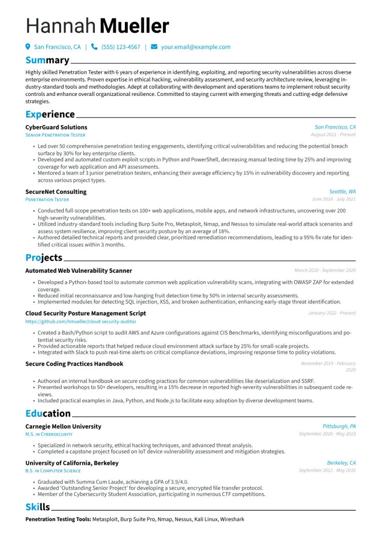 Penetration Tester Resume Example