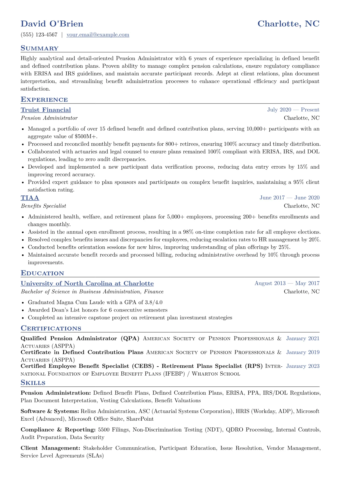 Pension Administrator Resume Example CV template - Page 1
