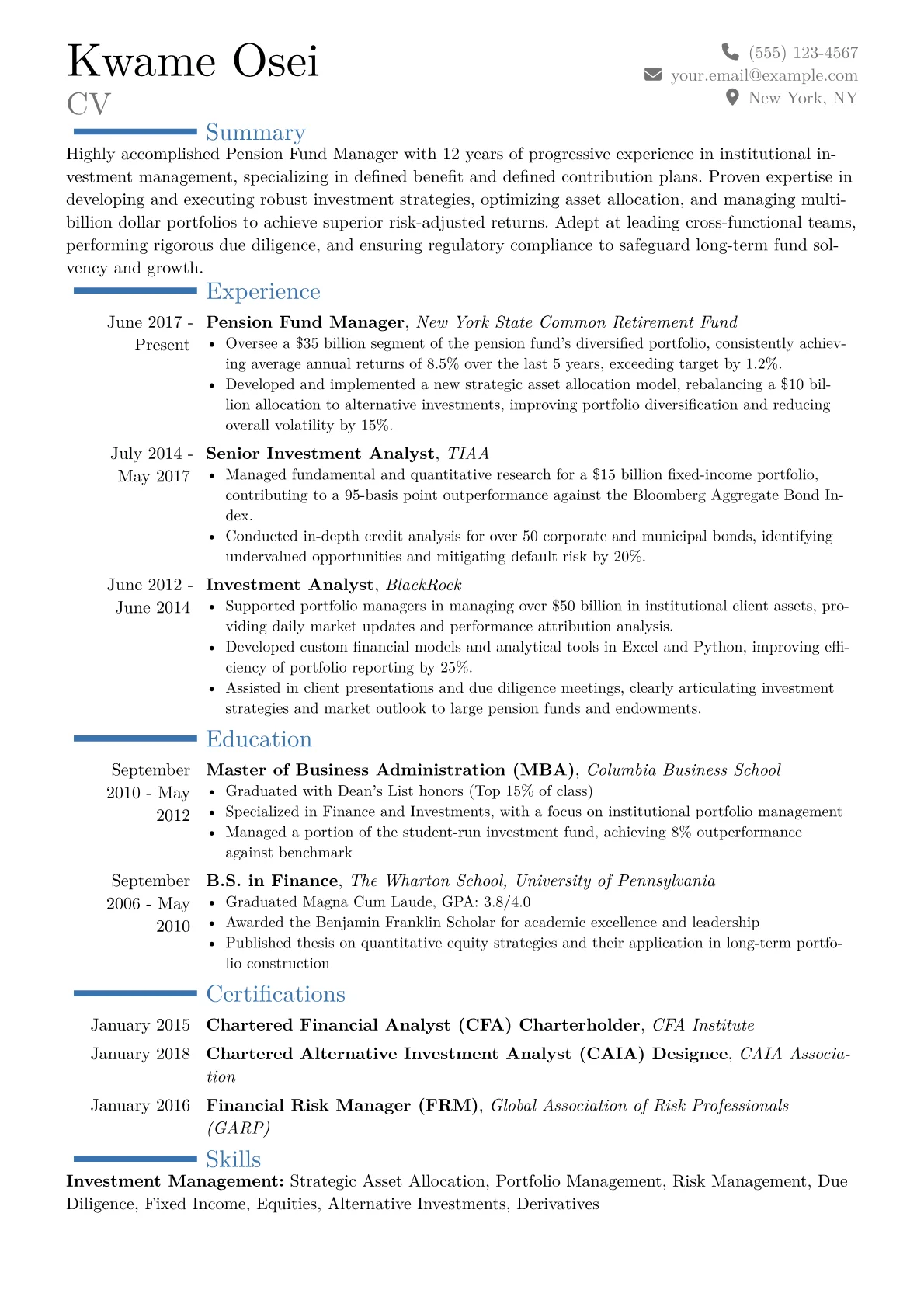 Pension Fund Manager Resume Example CV template - Page 1