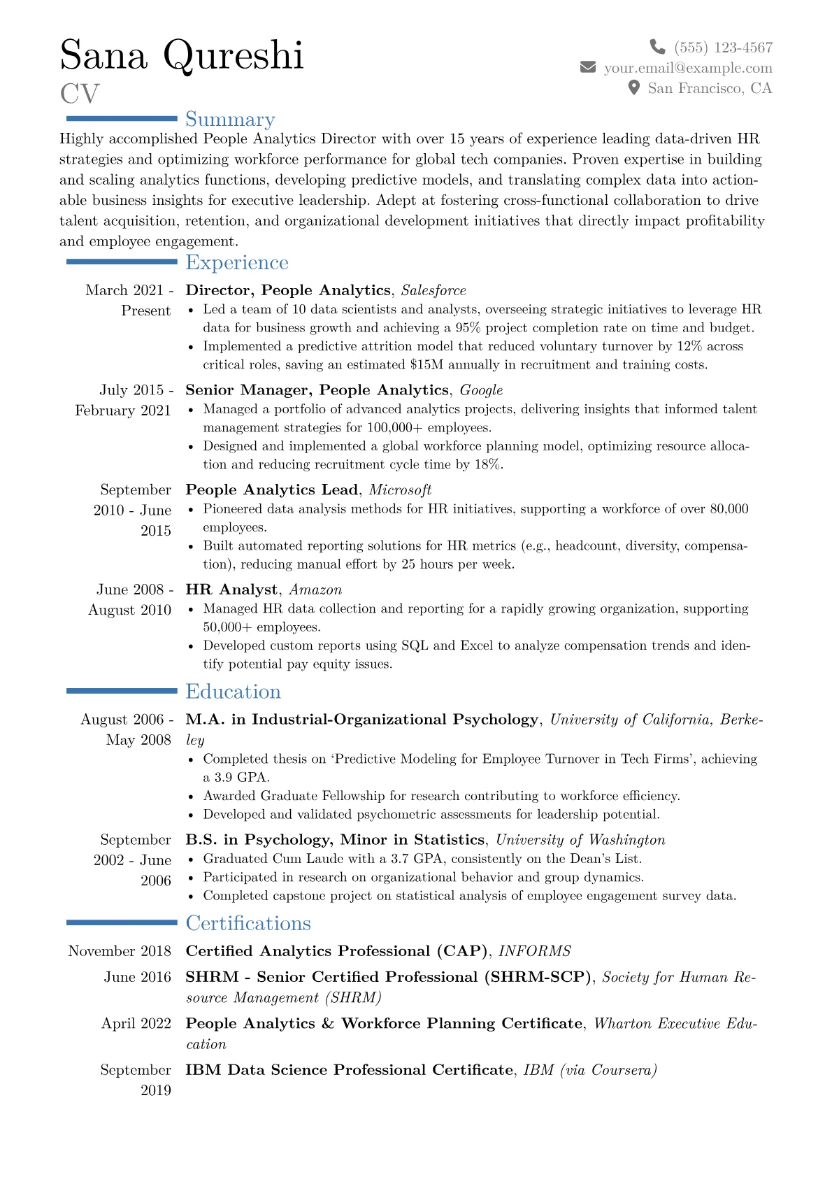 People Analytics Director Resume Example CV template - Page 1