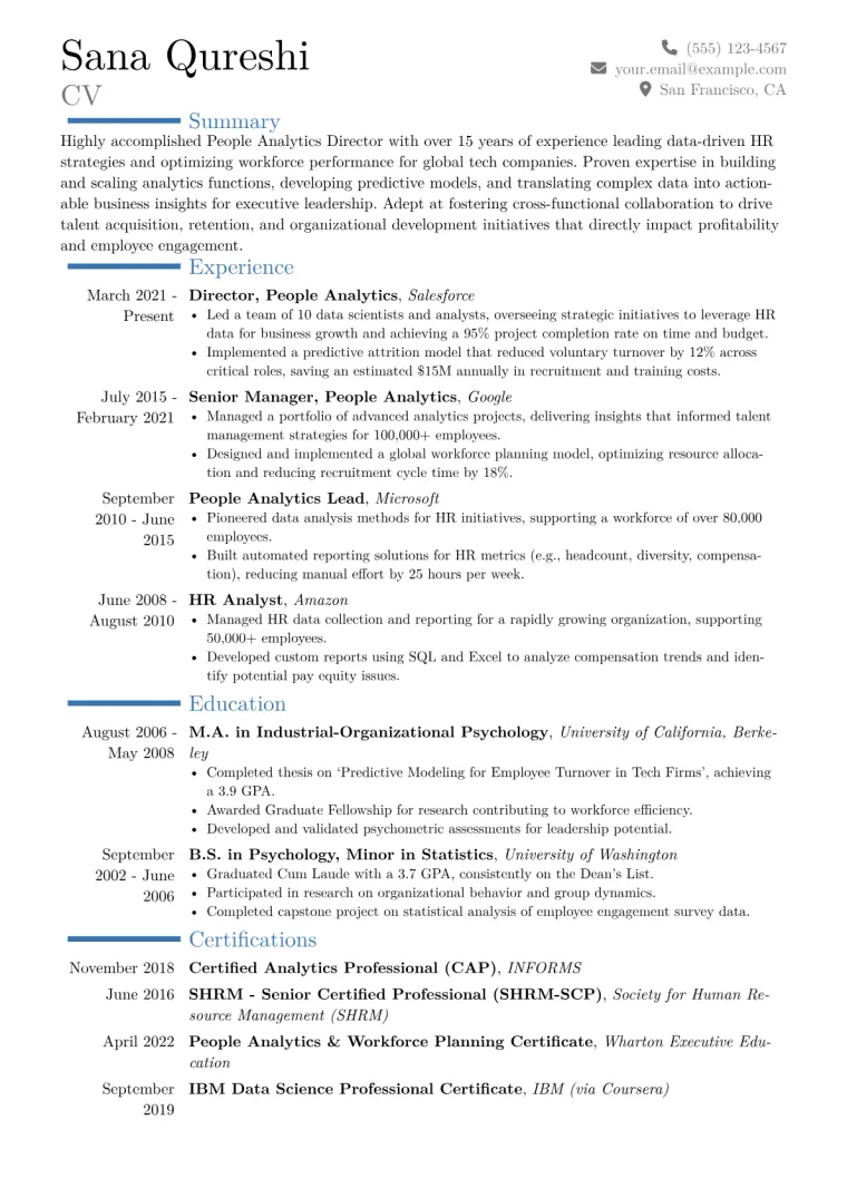People Analytics Director Resume Example CV template preview
