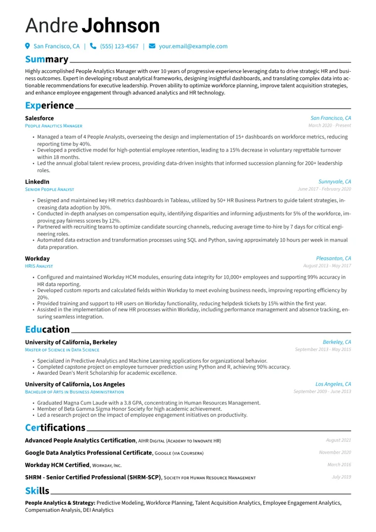 People Analytics Manager Resume Example CV template preview
