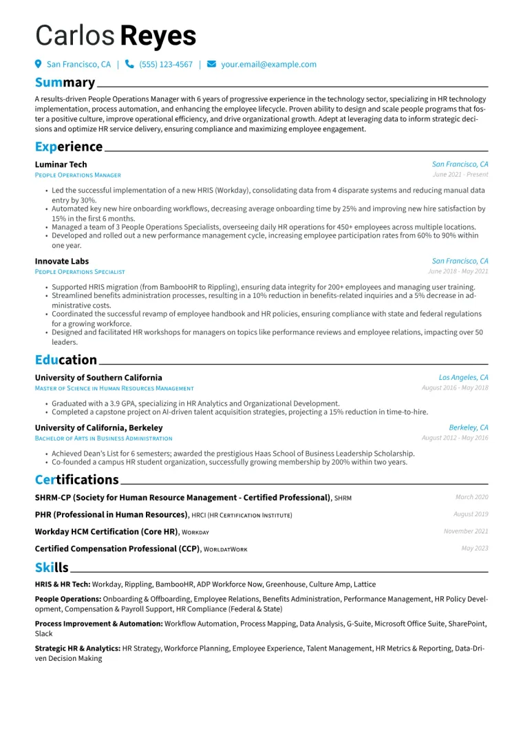 People Operations Manager Resume Example CV template preview
