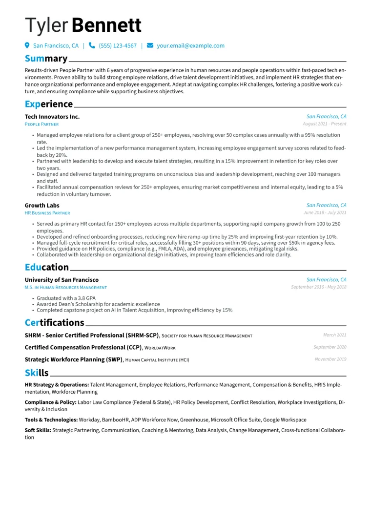 People Partner Resume Example CV template preview