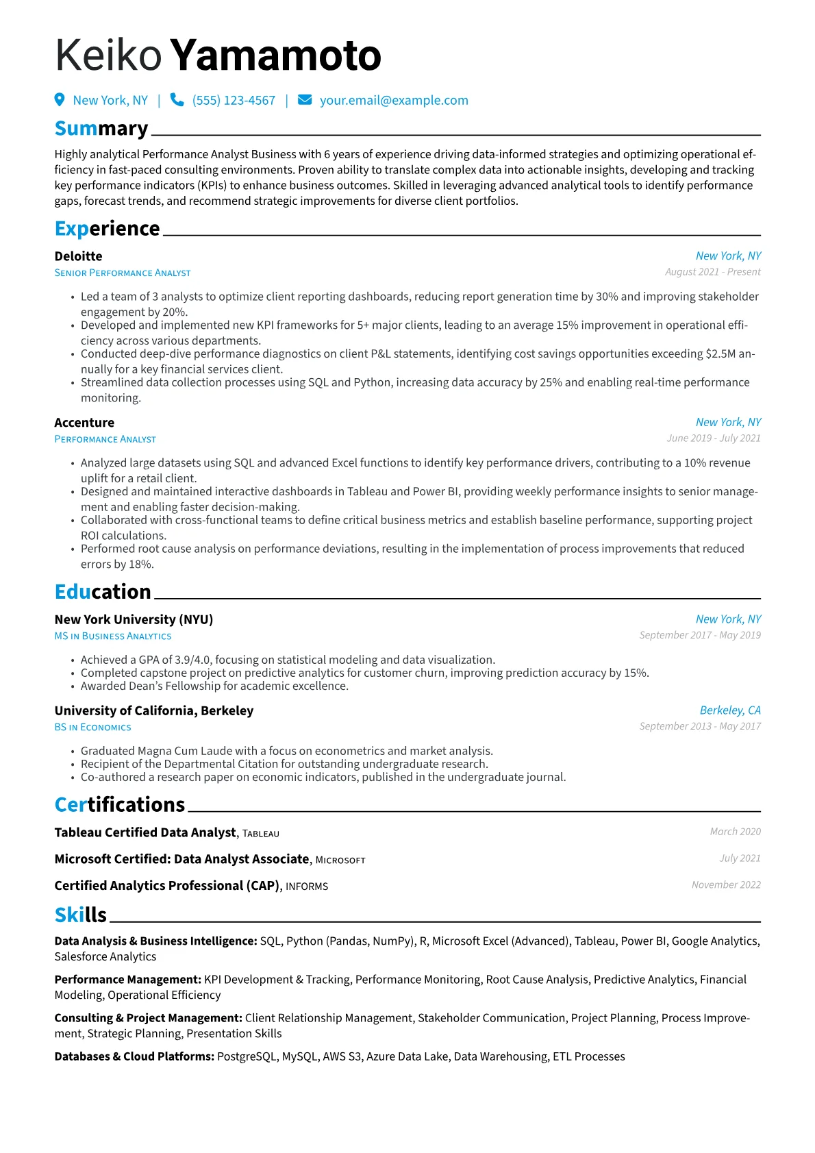 Performance Analyst Business Resume Example CV template - Page 1