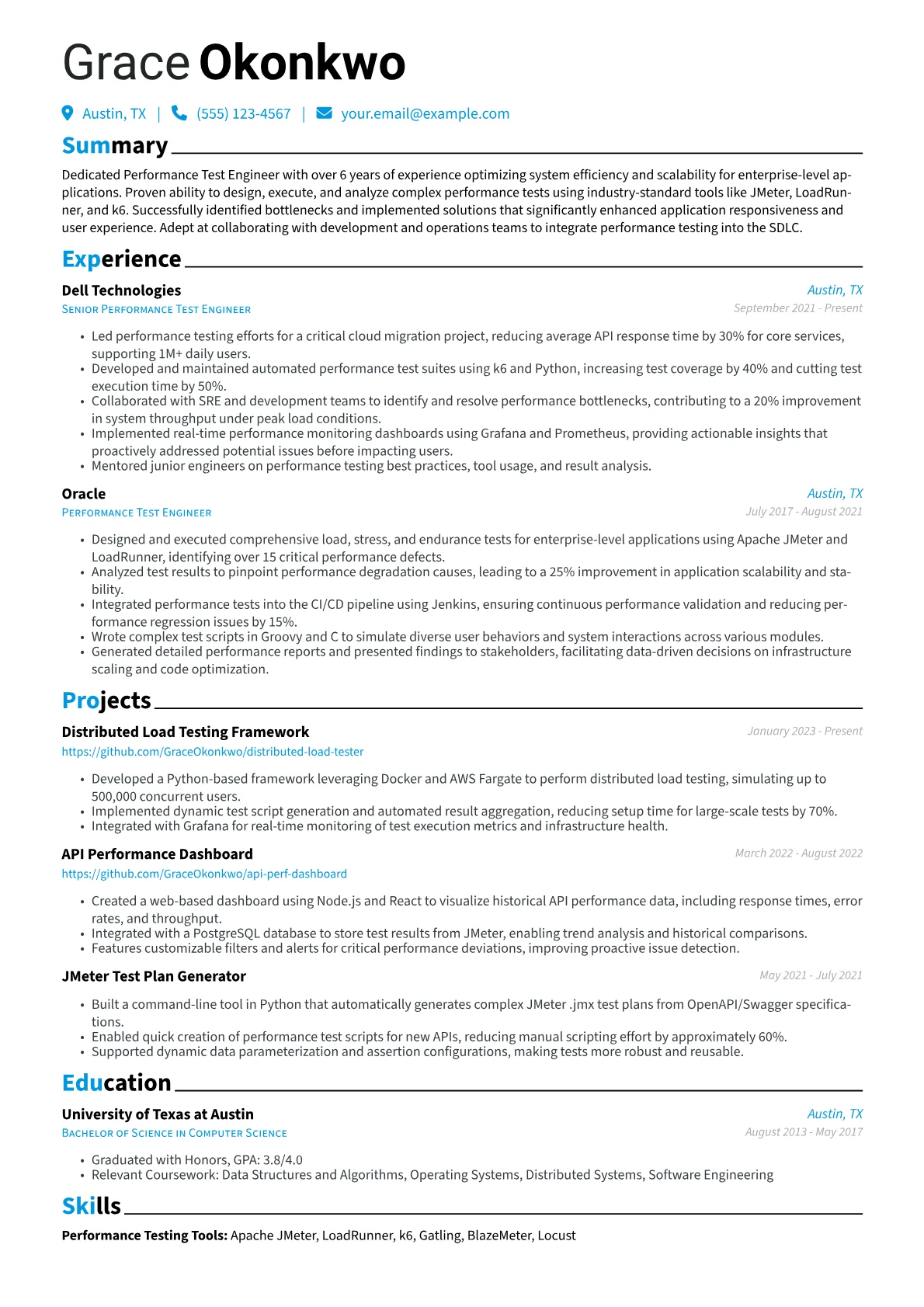 Performance Test Engineer Resume Example CV template - Page 1