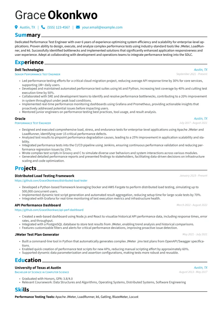 Performance Test Engineer Resume Example CV template preview