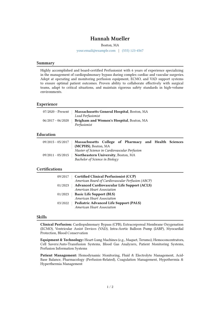 Perfusionist Resume Example CV template preview