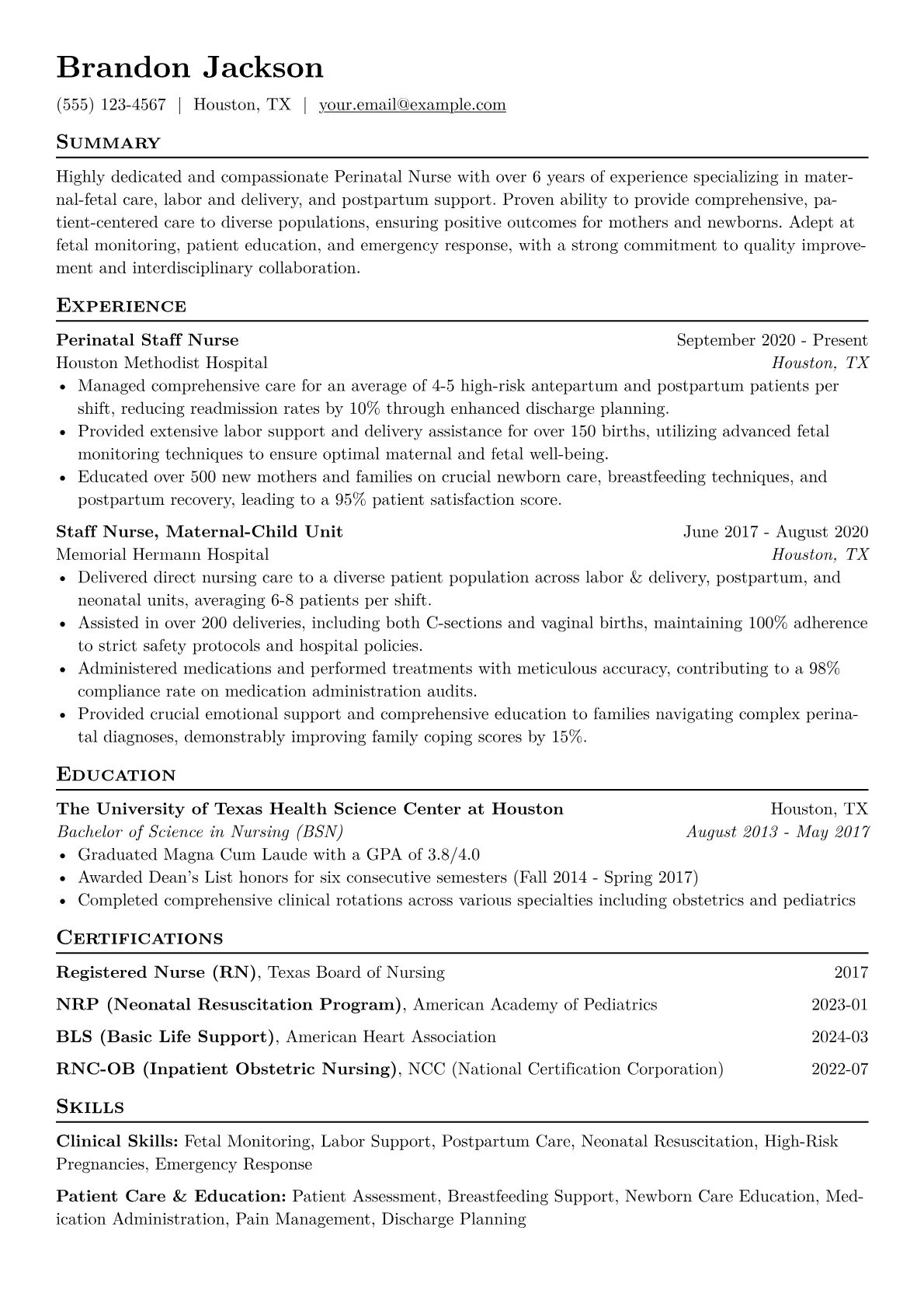 Perinatal Nurse Resume Example CV template - Page 1