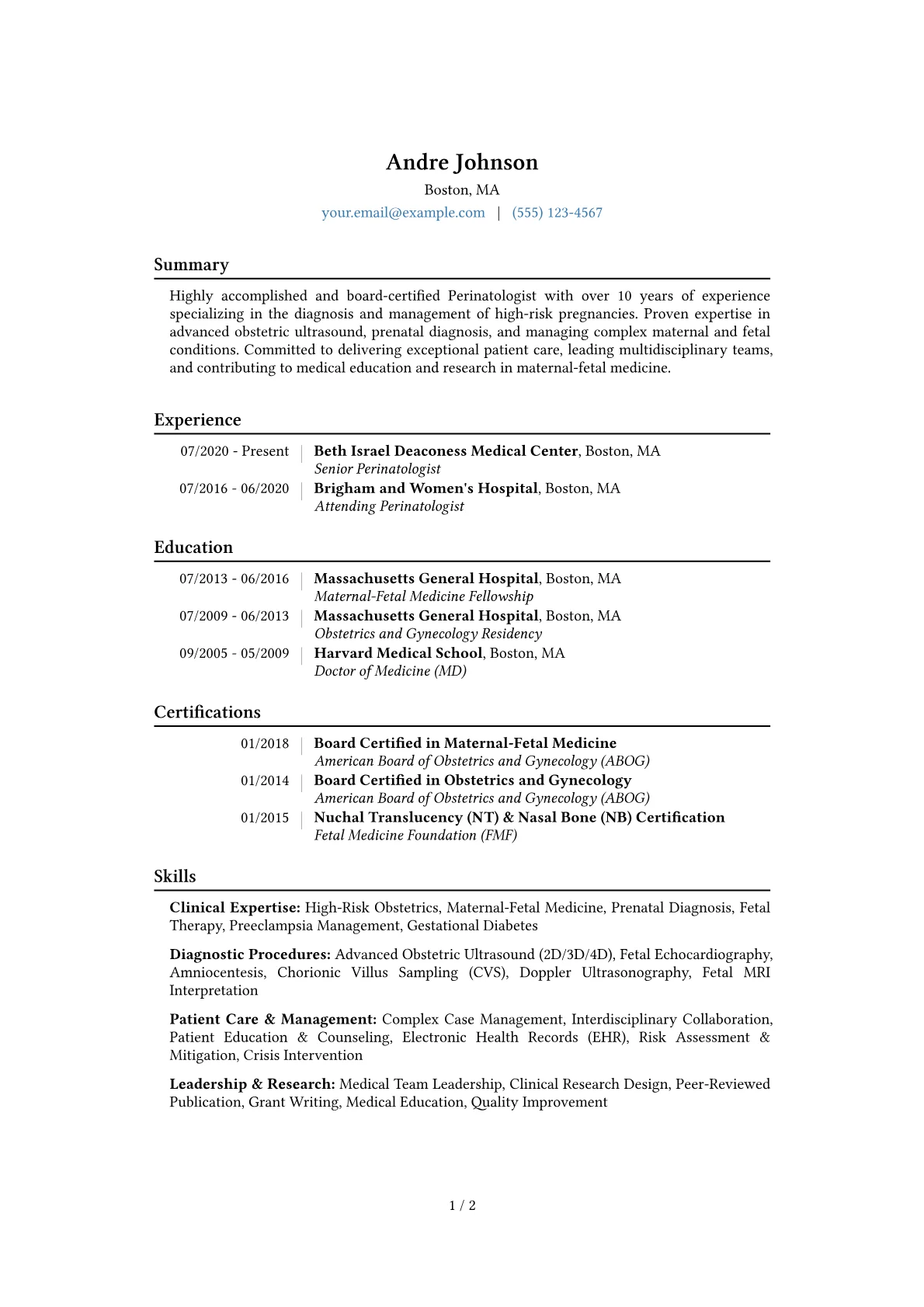 Perinatologist Resume Example CV template - Page 1