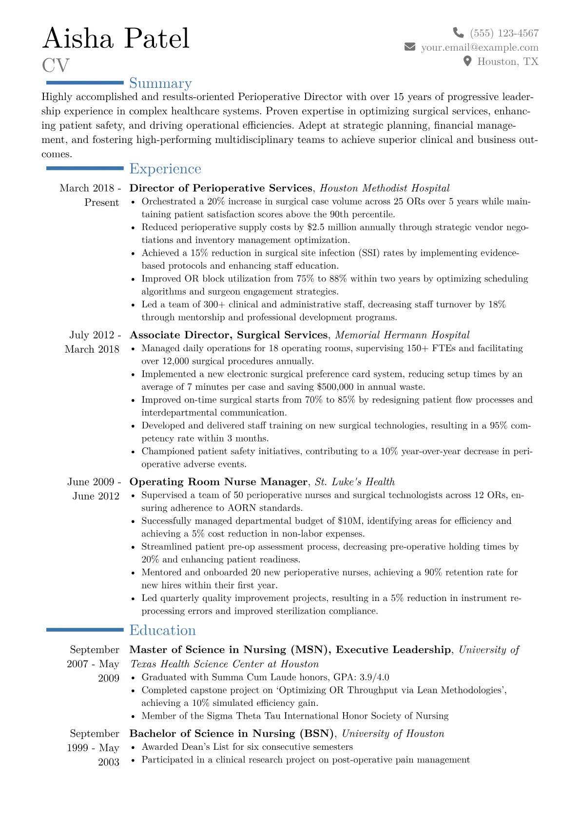Perioperative Director Resume Example CV template - Page 1