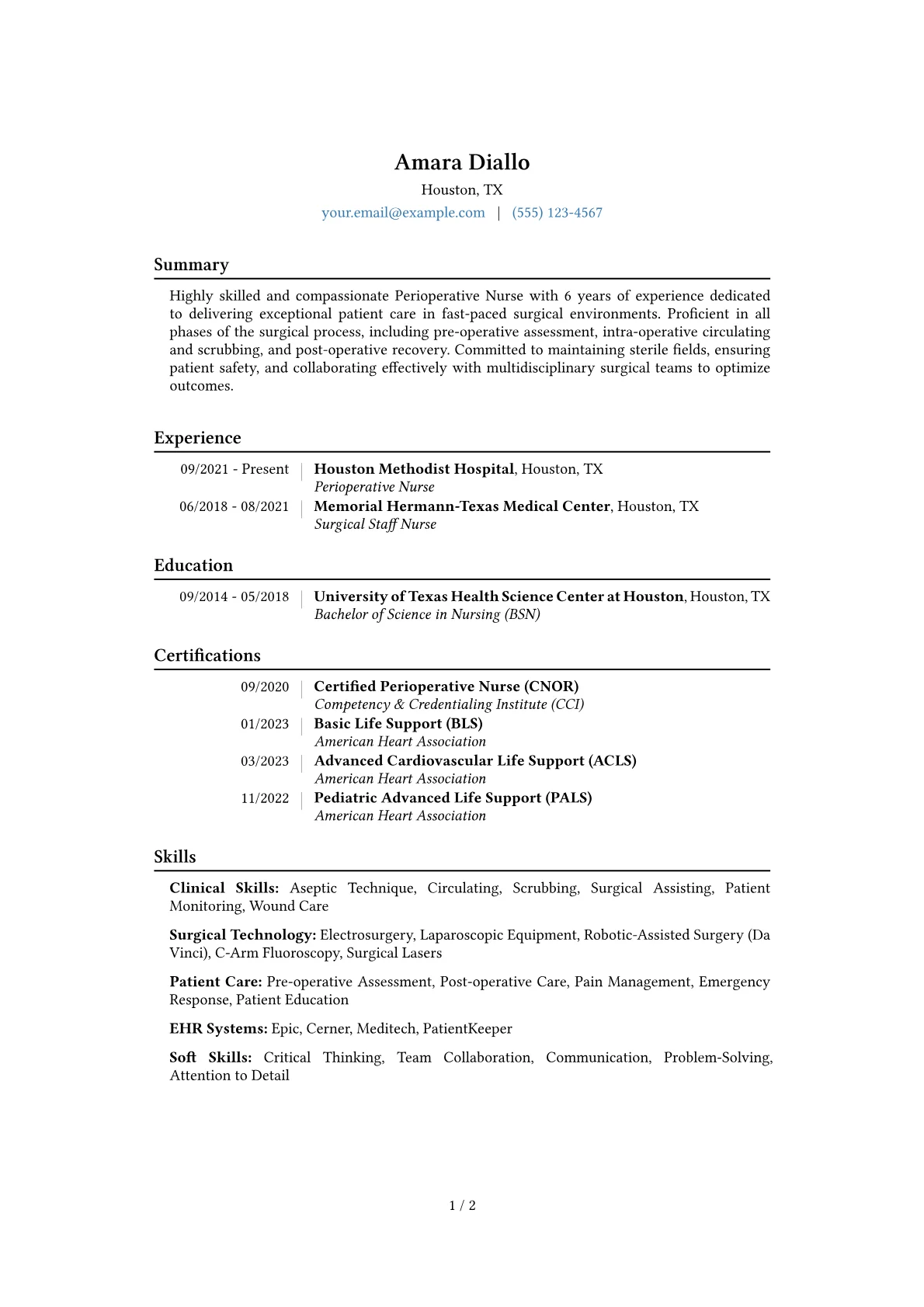 Perioperative Nurse Resume Example CV template - Page 1