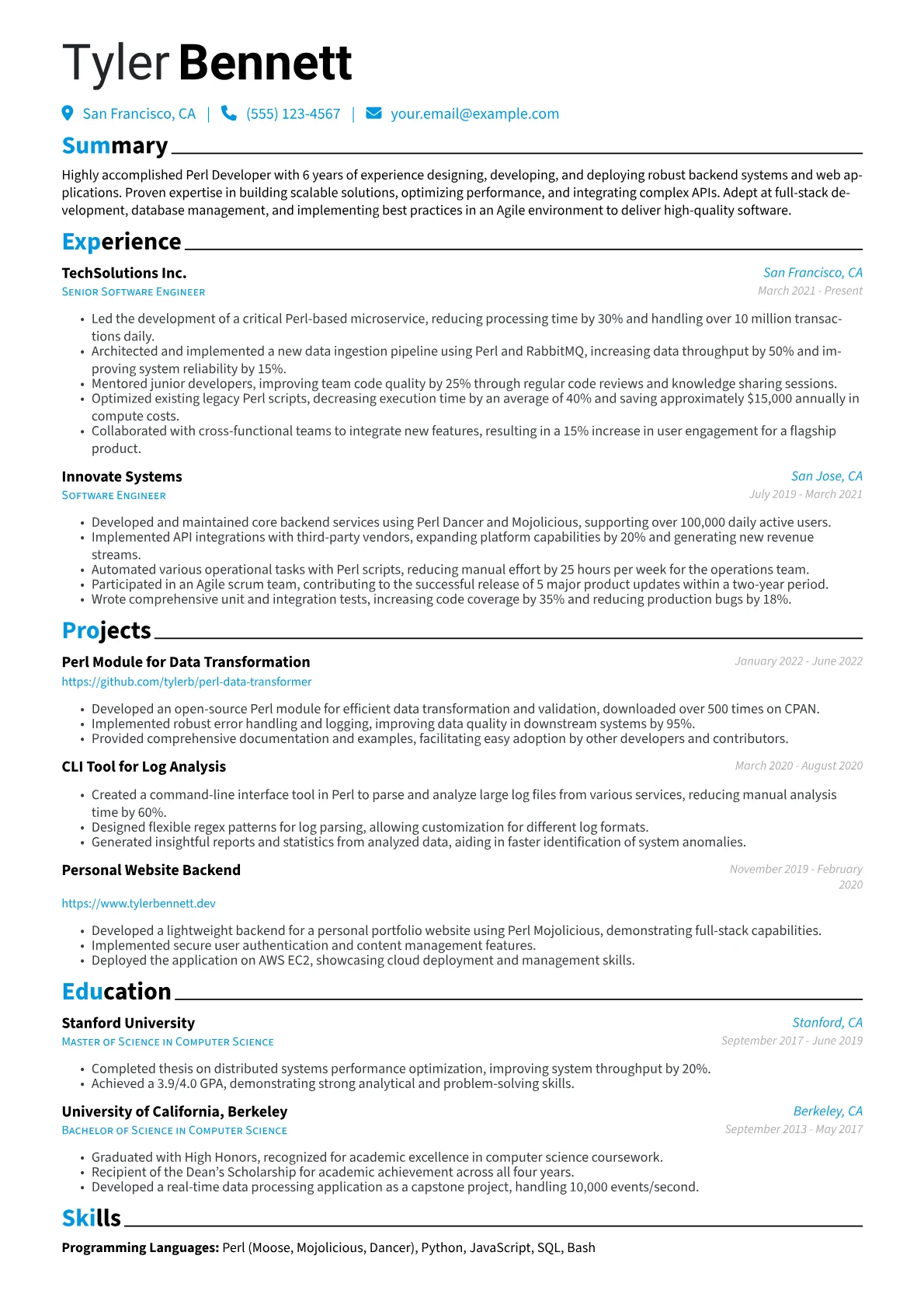 Perl Developer Resume Example CV template - Page 1