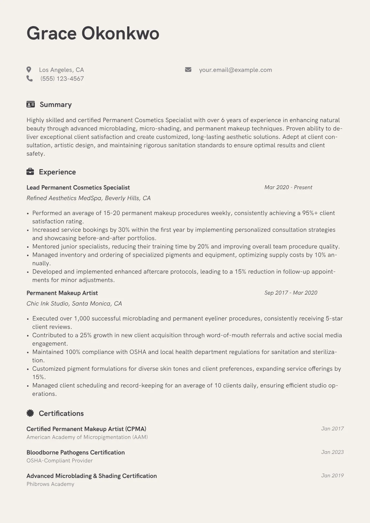 Permanent Cosmetics Specialist Resume Example CV template - Page 1