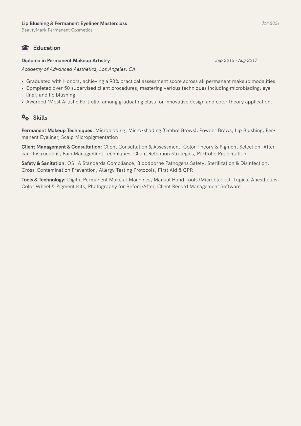 Permanent Cosmetics Specialist Resume Example CV template - Page 2