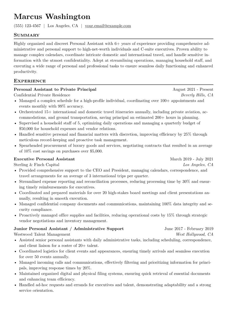 Personal Assistant Resume Example CV template preview