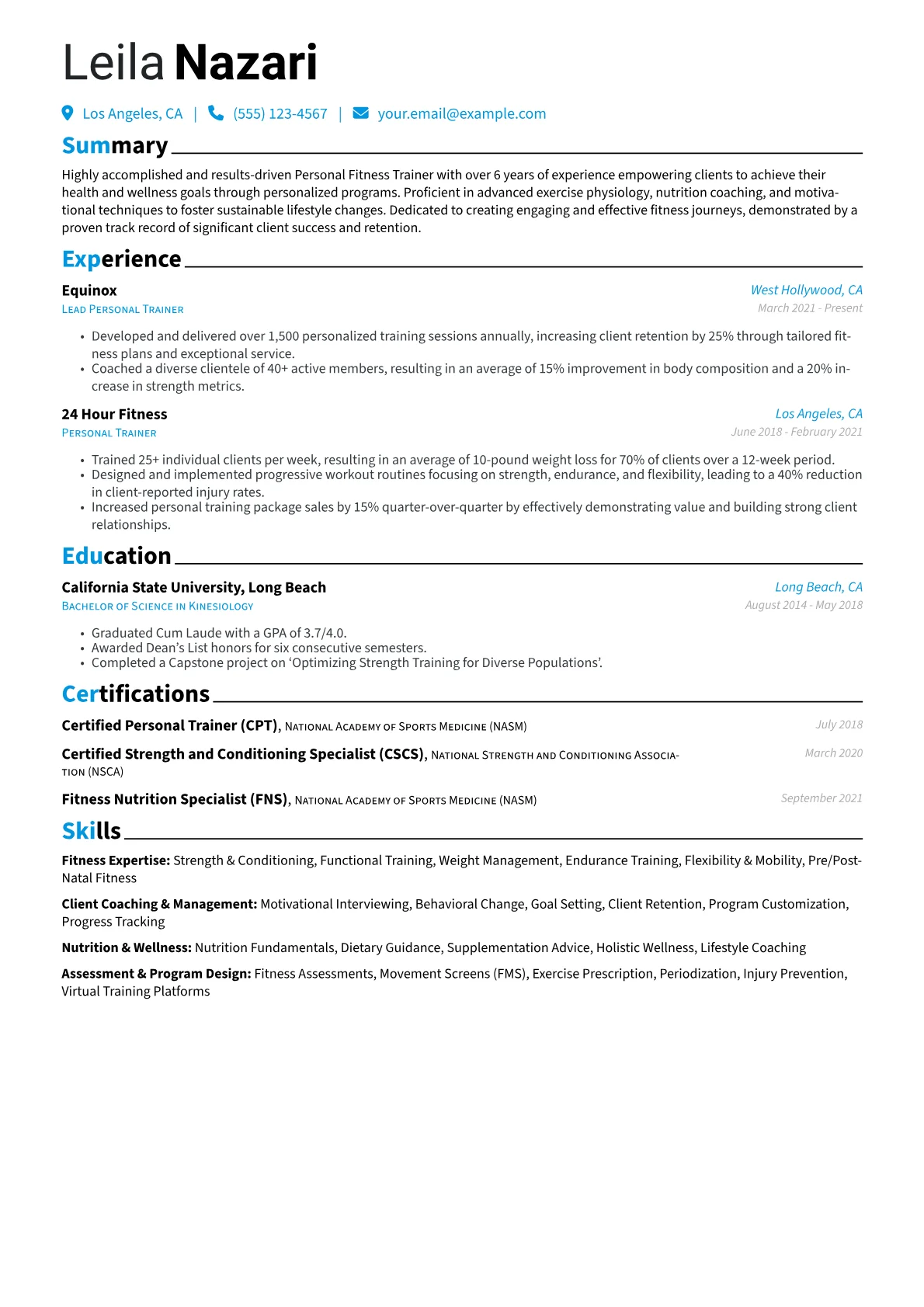 Personal Fitness Trainer Resume Example CV template - Page 1