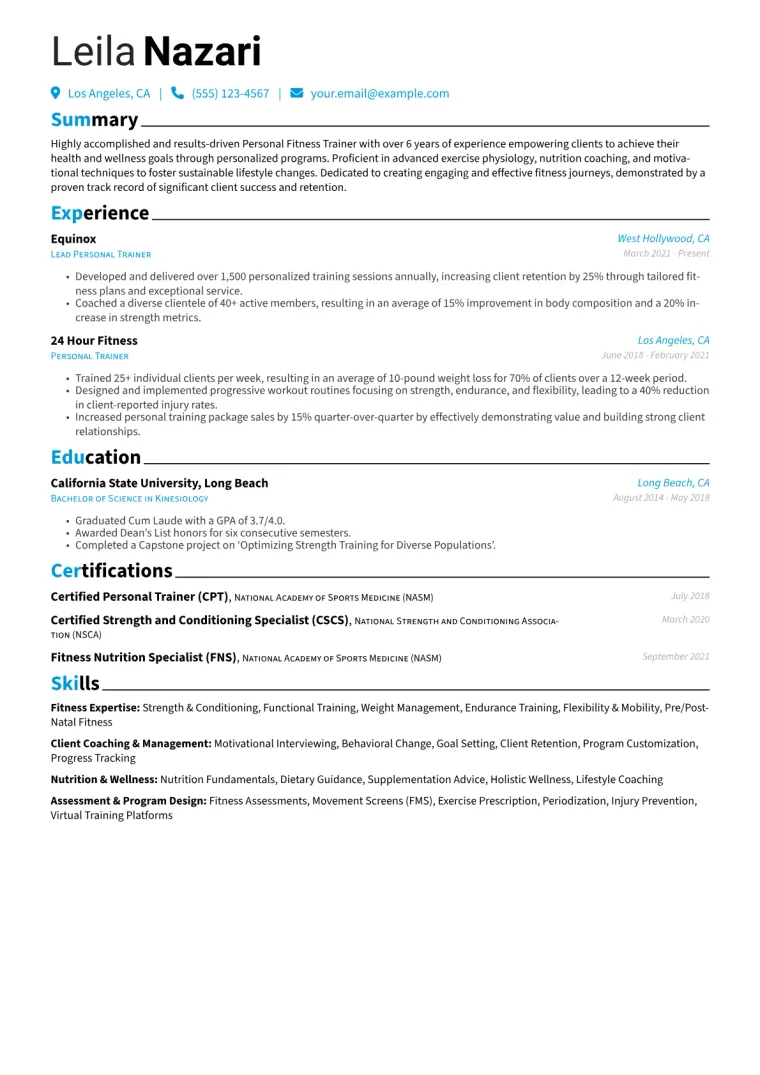 Personal Fitness Trainer Resume Example CV template preview