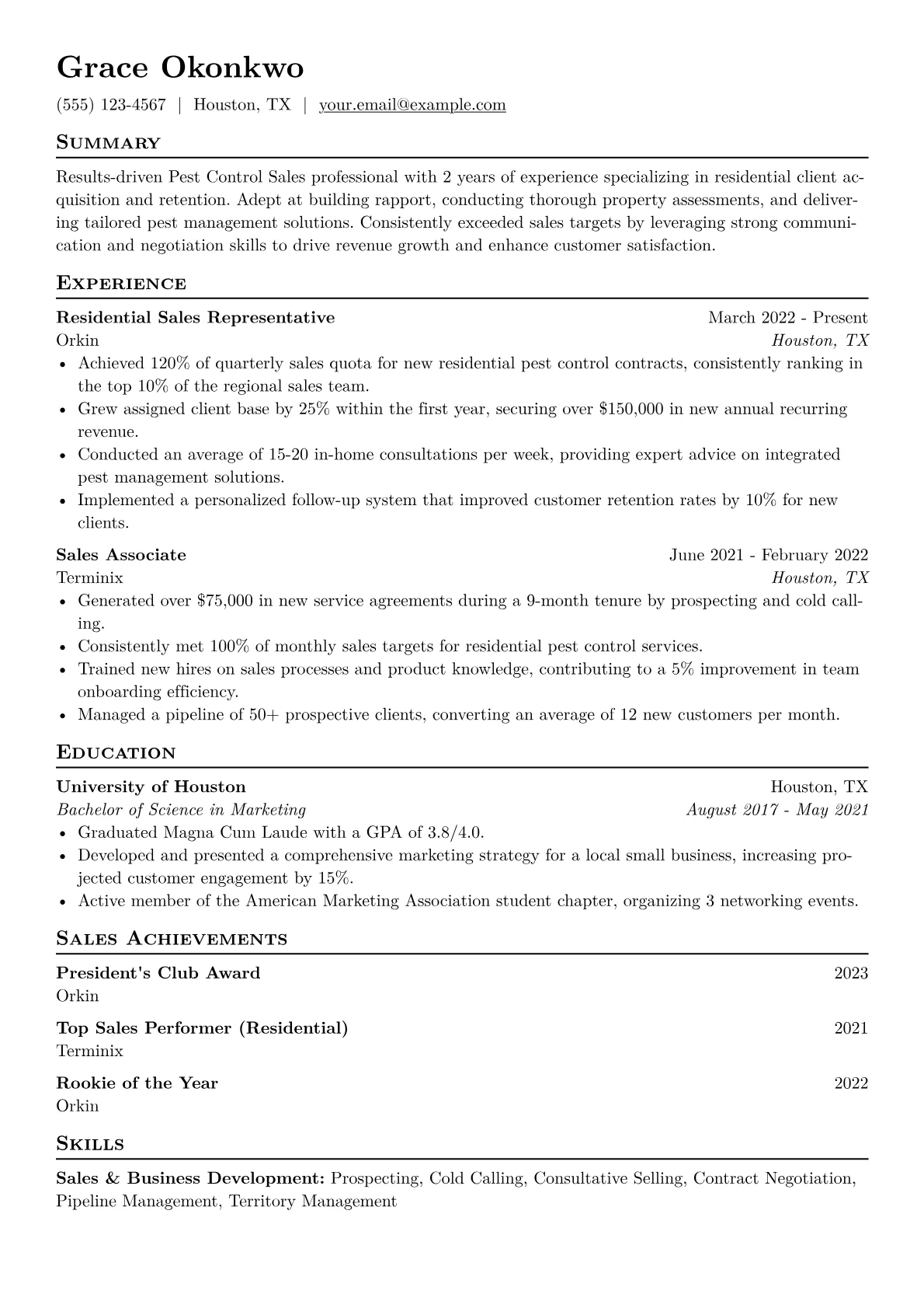 Pest Control Sales Resume Example CV template - Page 1