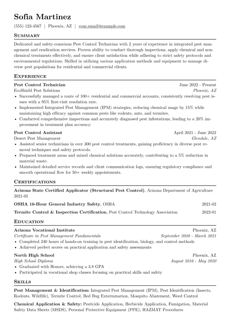 Pest Control Technician Resume Example CV template preview