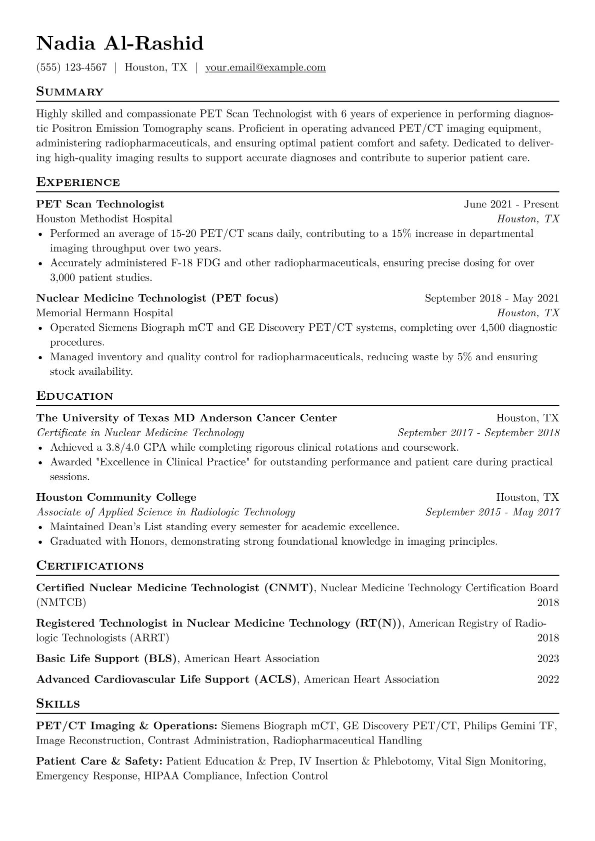 PET Scan Technologist Resume Example CV template - Page 1