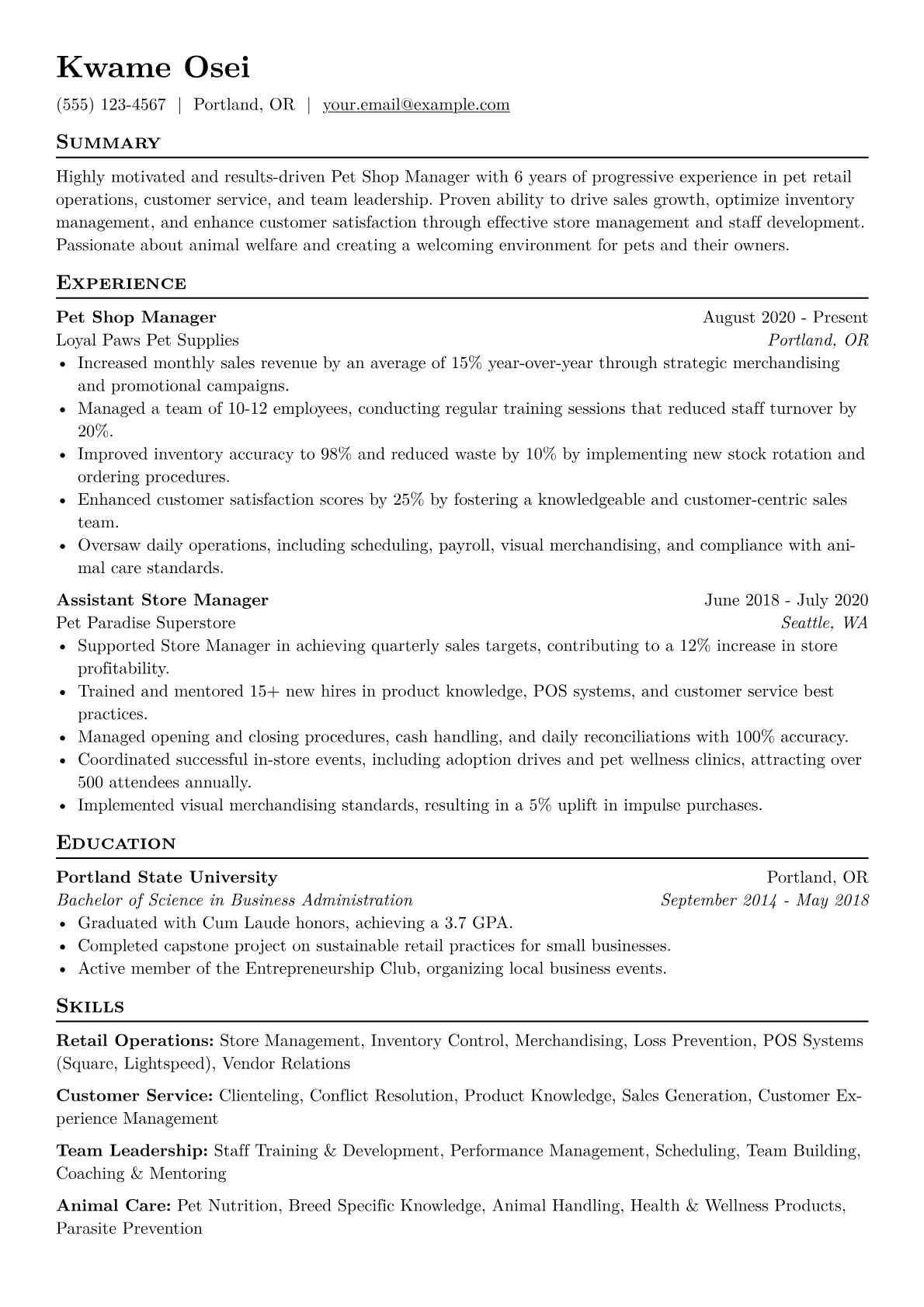 Pet Shop Manager Resume Example CV template - Page 1