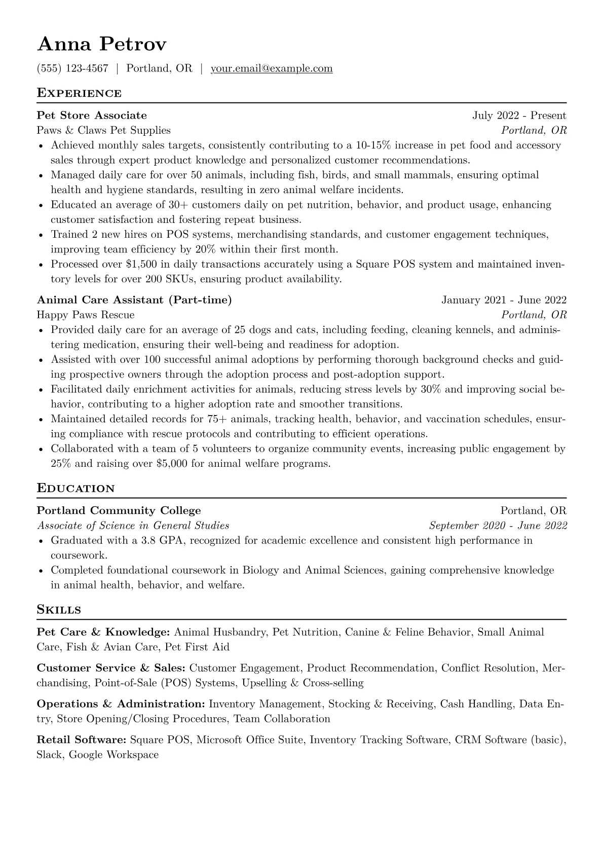 Pet Store Associate Resume Example CV template - Page 1