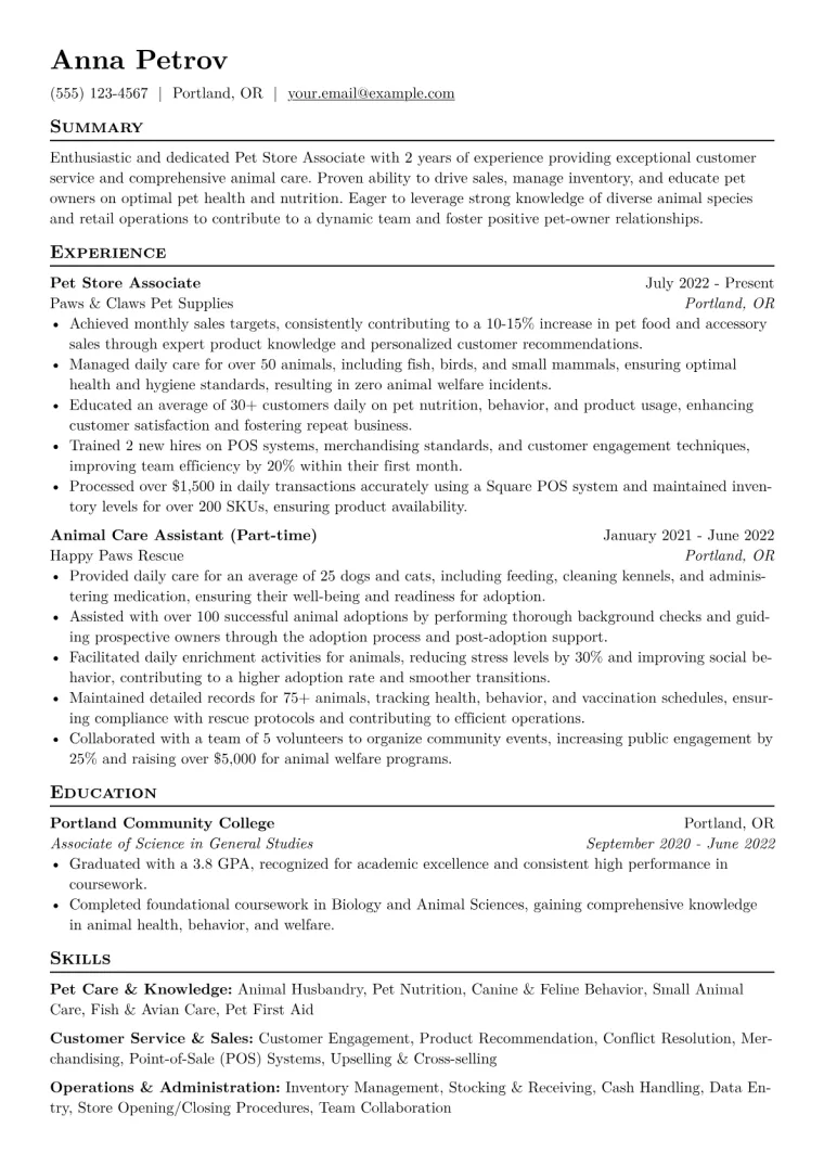 Pet Store Associate Resume Example CV template preview
