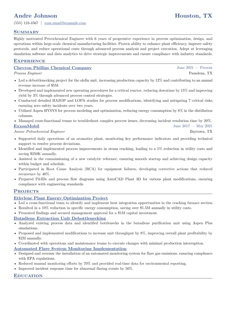 Petrochemical Engineer Resume Example CV template preview