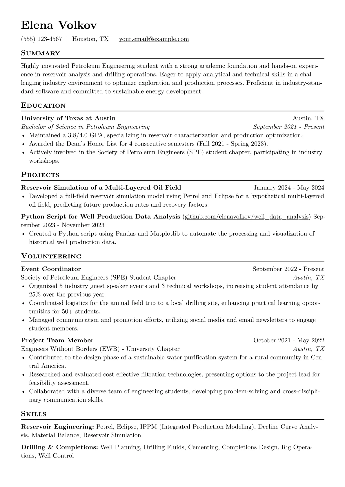 Petroleum Engineering Student Resume Example CV template - Page 1