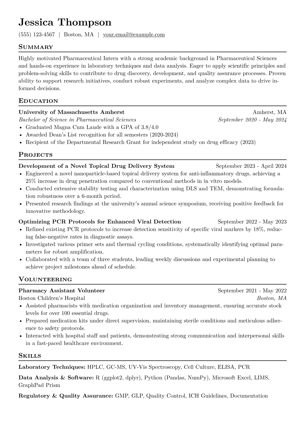 Pharmaceutical Intern Resume Example CV template - Page 1