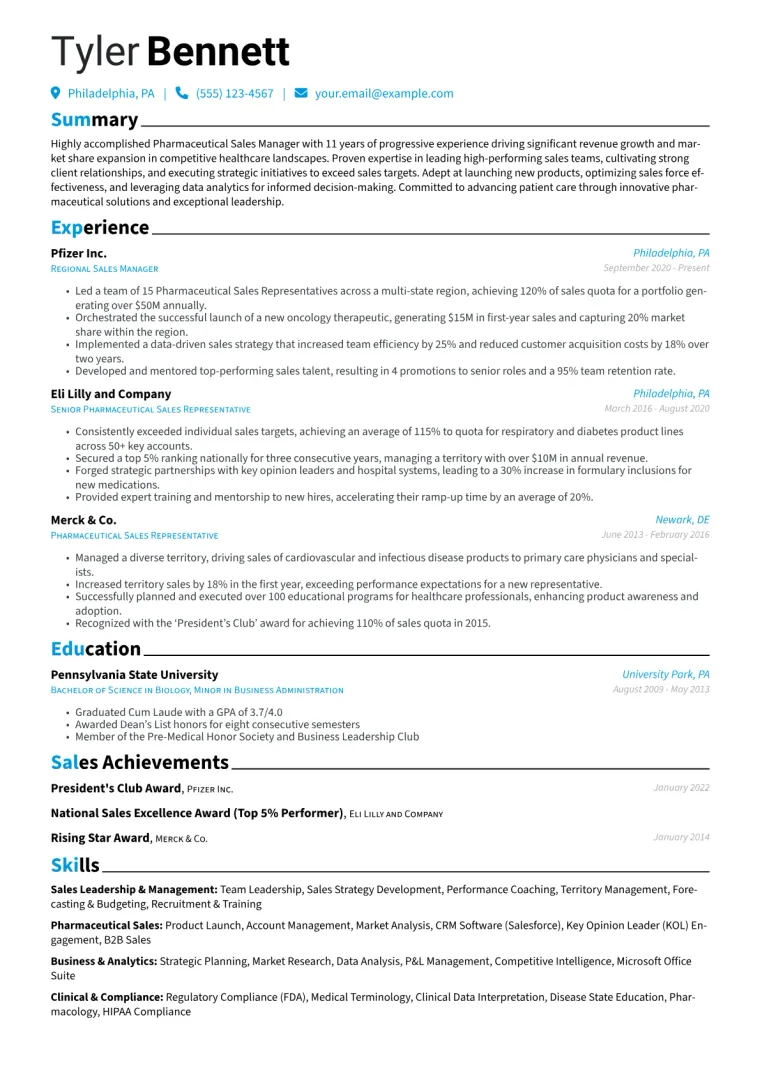 Pharmaceutical Sales Manager Resume Example CV template preview