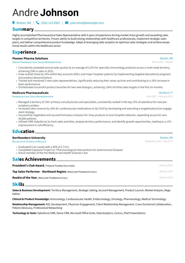 Pharmaceutical Sales Representative Resume Example