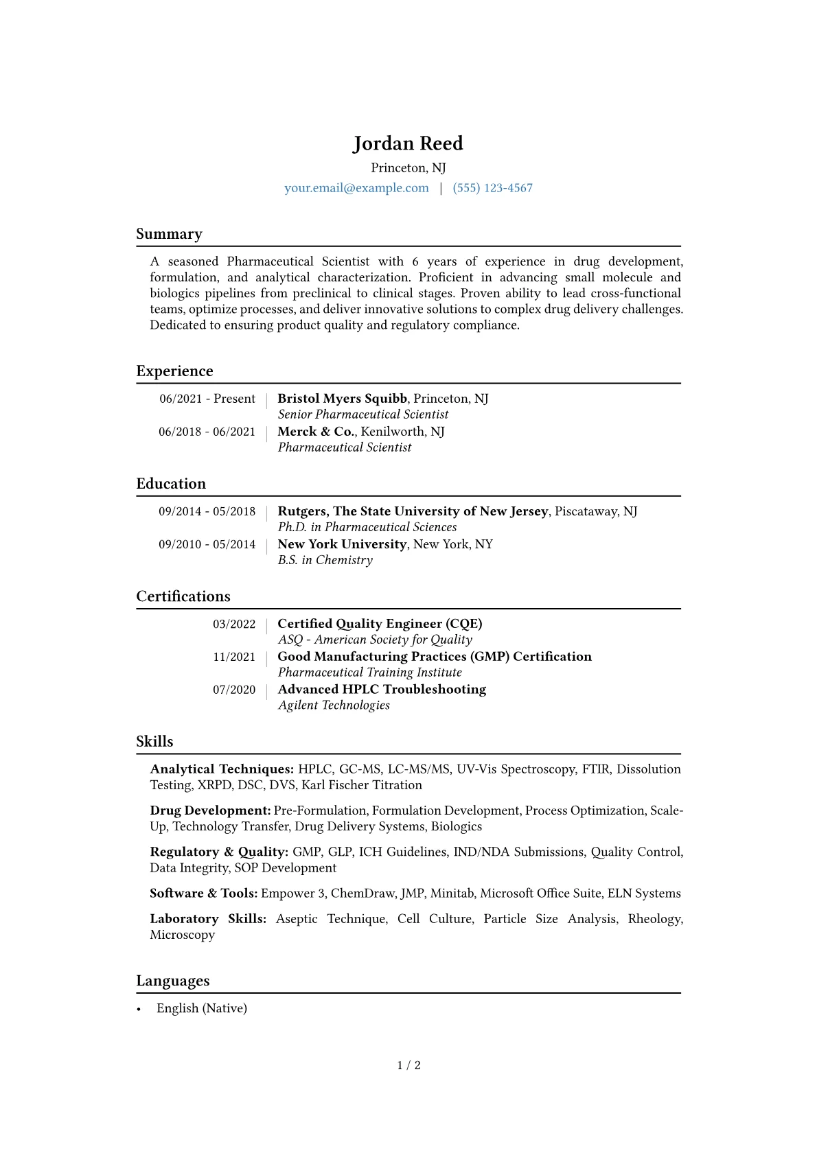 Pharmaceutical Scientist Resume Example CV template - Page 1