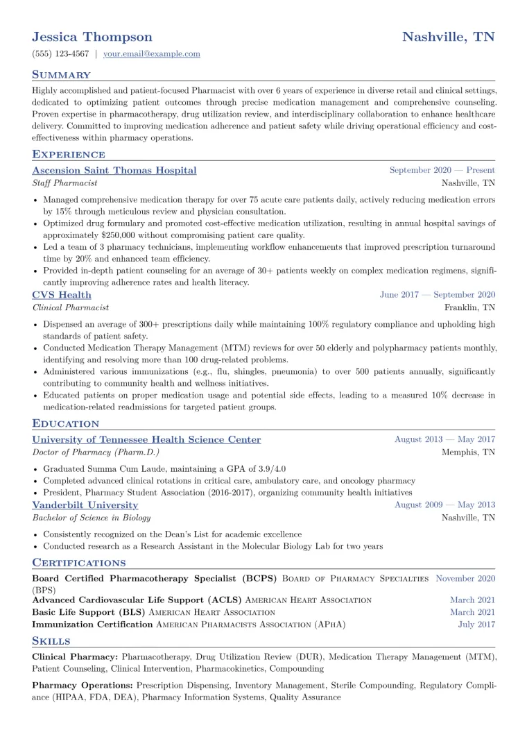 Pharmacist Resume Example CV template preview