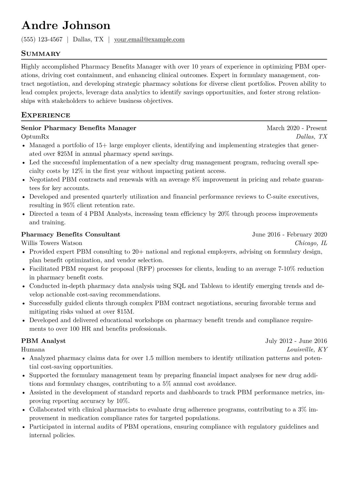 Pharmacy Benefits Manager Resume Example CV template - Page 1