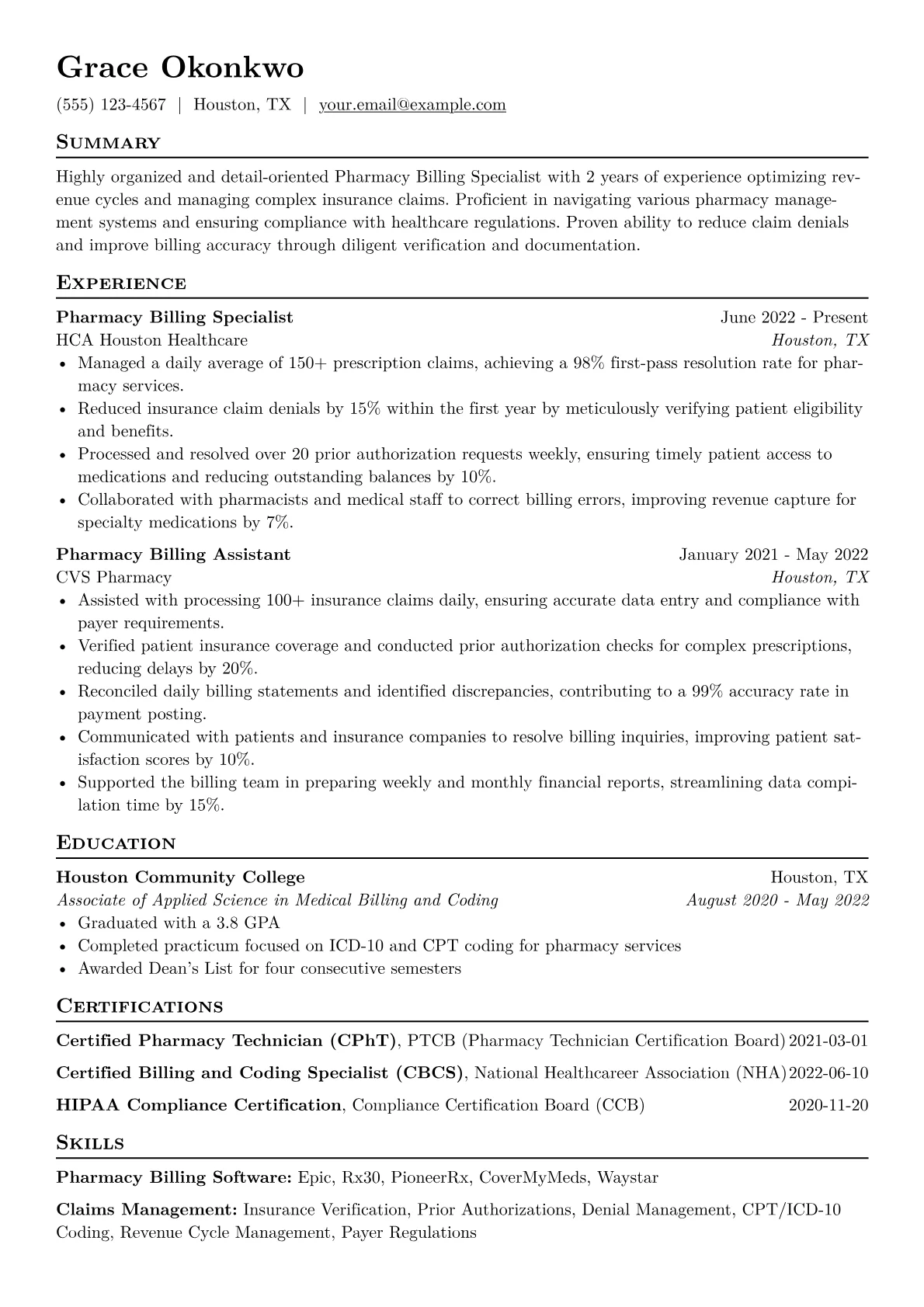 Pharmacy Billing Specialist Resume Example CV template - Page 1